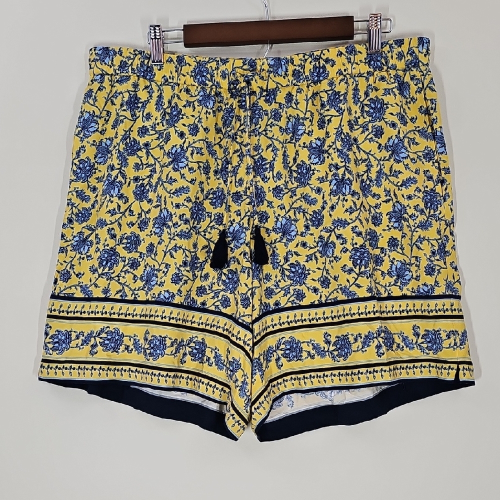J.Jill Floral Print Pull-On Shorts XL Petite Yellow Navy Blue Boho Summer Casual